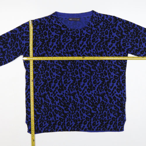 Marks & Spencer Women Blue Leopard Print V-Neck Jumper UK 16 Acrylic