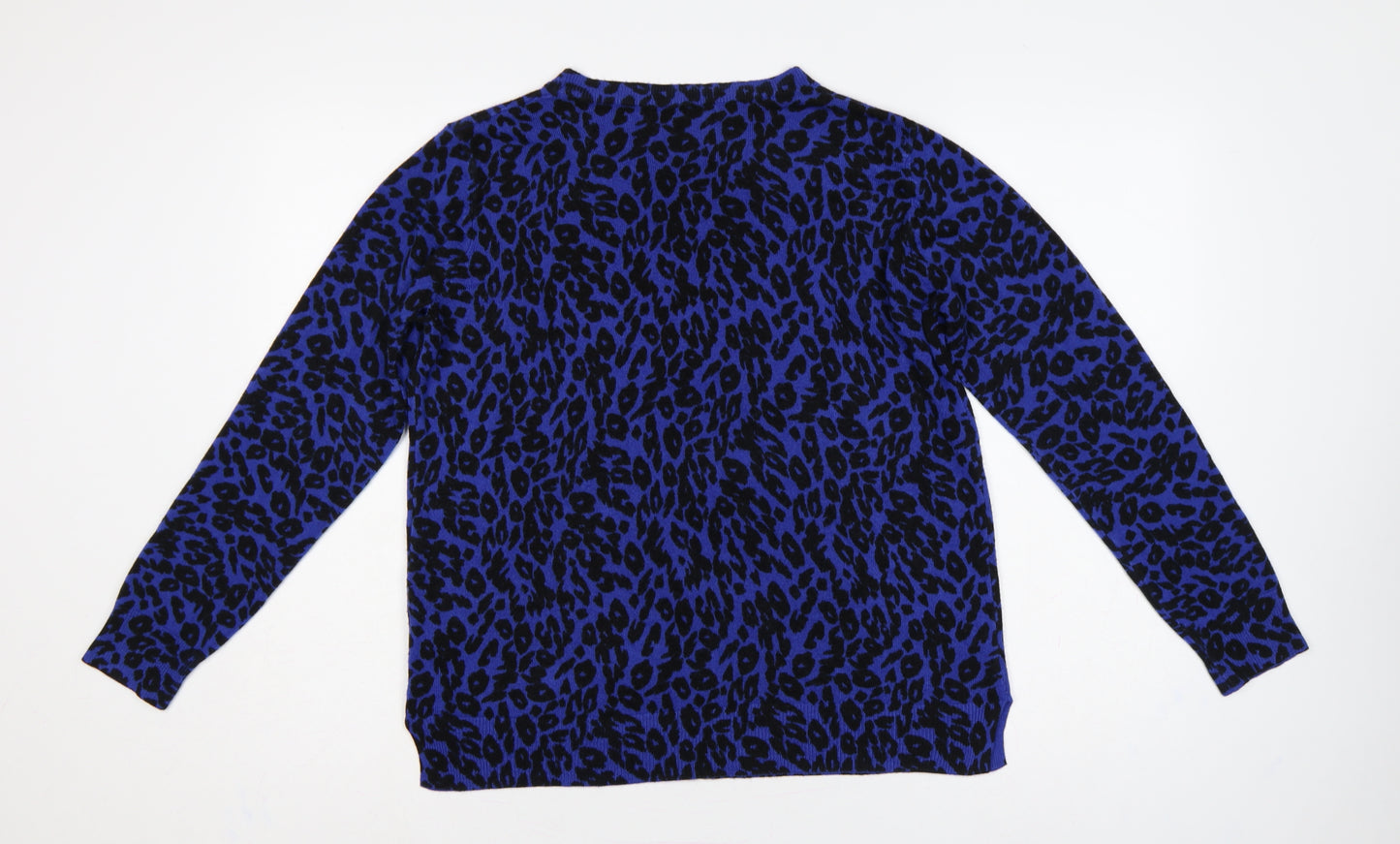 Marks & Spencer Women Blue Leopard Print V-Neck Jumper UK 16 Acrylic