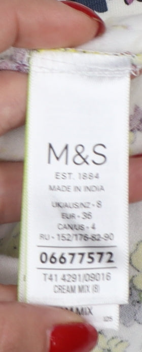 M&S Women Ivory Floral High Neck Stretch Jersey Blouse UK 8