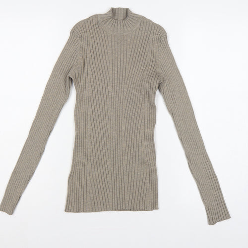 H&M Women’s Beige XS Ribbed Mock Neck Slim Knit Jumper