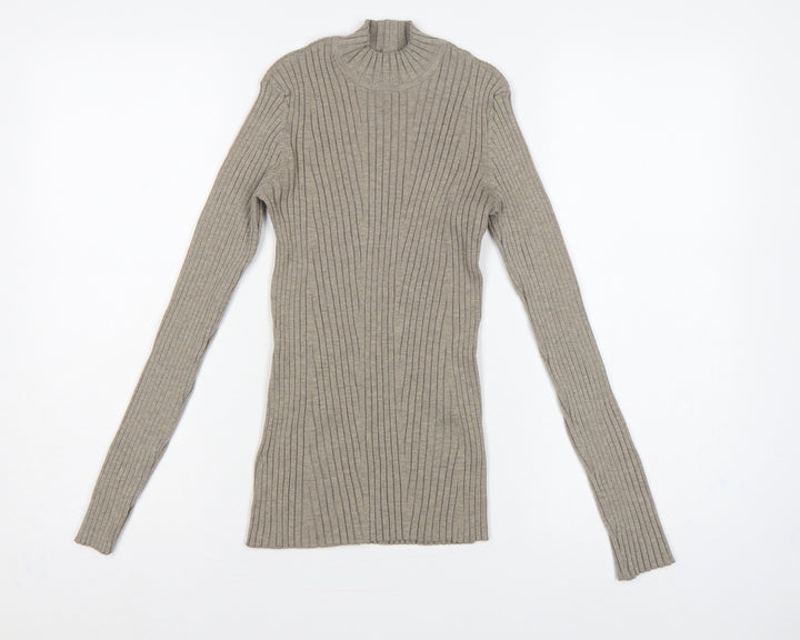 H&M Women’s Beige XS Ribbed Mock Neck Slim Knit Jumper