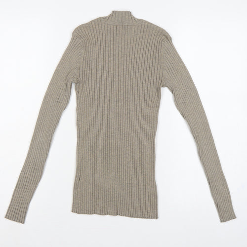 H&M Women’s Beige XS Ribbed Mock Neck Slim Knit Jumper