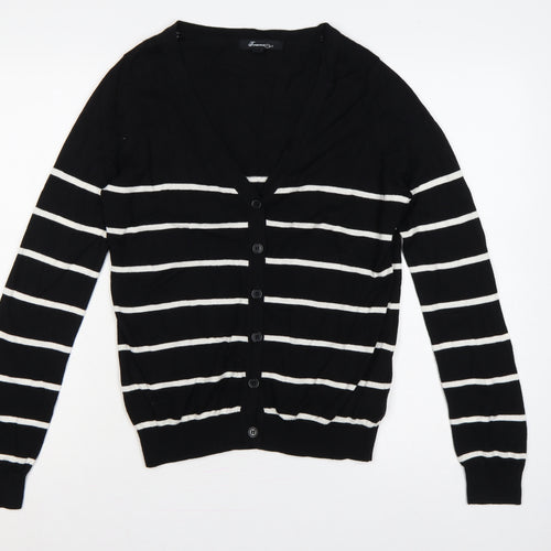 Forever 21 Women Black White Striped V-Neck Cardigan M Cotton Knit