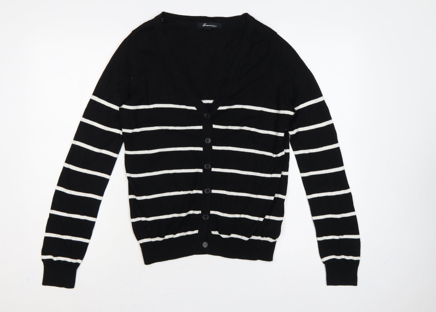 Forever 21 Women Black White Striped V-Neck Cardigan M Cotton Knit