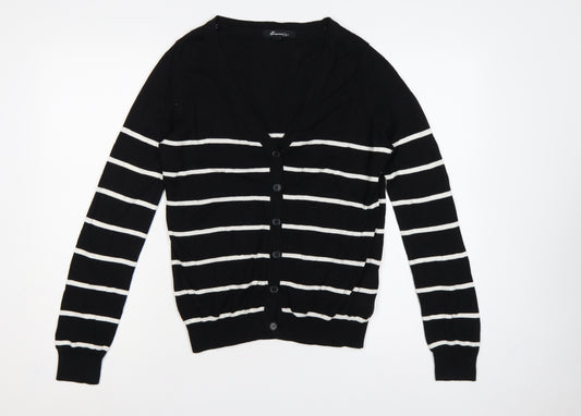 Forever 21 Women Black White Striped V-Neck Cardigan M Cotton Knit