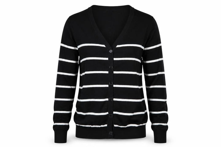 Forever 21 Women Black White Striped V-Neck Cardigan M Cotton Knit