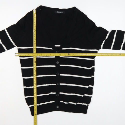 Forever 21 Women Black White Striped V-Neck Cardigan M Cotton Knit