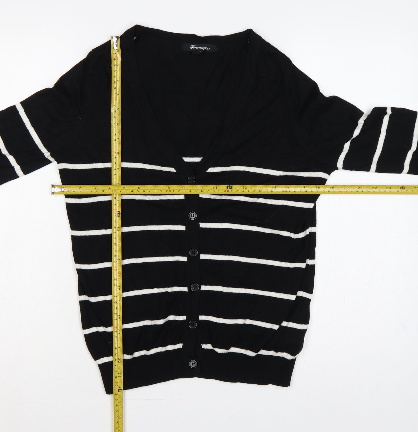 Forever 21 Women Black White Striped V-Neck Cardigan M Cotton Knit