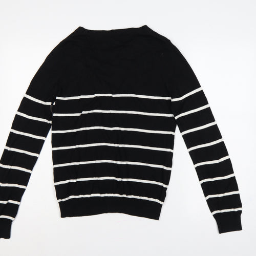 Forever 21 Women Black White Striped V-Neck Cardigan M Cotton Knit