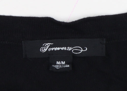 Forever 21 Women Black White Striped V-Neck Cardigan M Cotton Knit