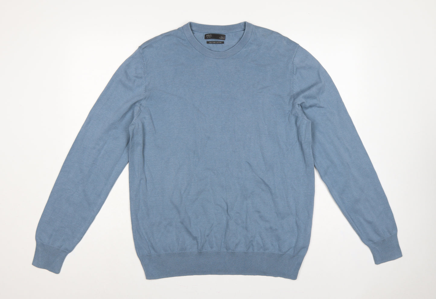 Marks and Spencer Mens Blue L Fine Cotton Crew Neck Pullover Jumper