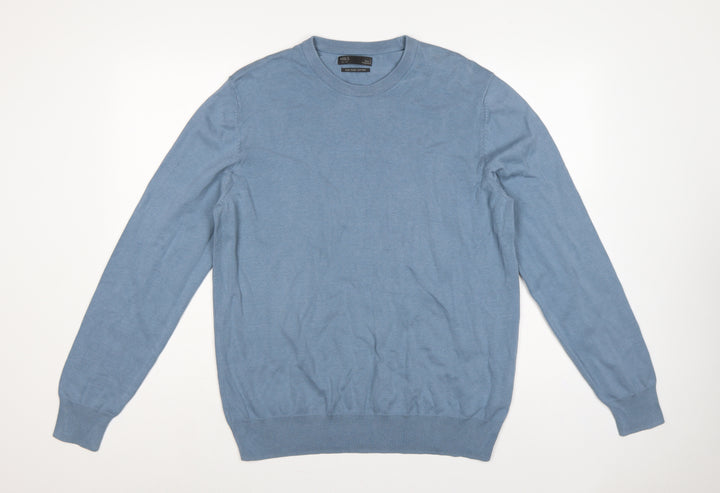 Marks and Spencer Mens Blue L Fine Cotton Crew Neck Pullover Jumper