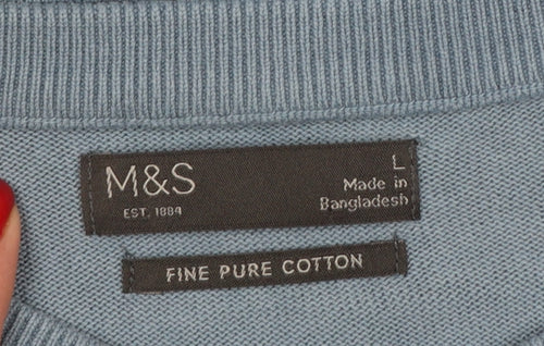 Marks and Spencer Mens Blue L Fine Cotton Crew Neck Pullover Jumper