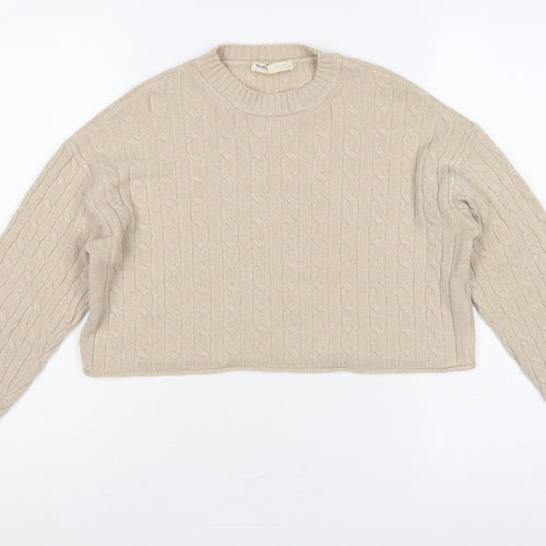 Pull&Bear Women Beige S Cable-Knit Crew Neck Pullover Jumper