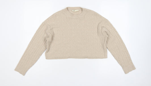 Pull&Bear Women Beige S Cable-Knit Crew Neck Pullover Jumper