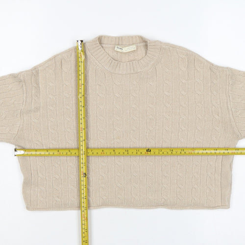 Pull&Bear Women Beige S Cable-Knit Crew Neck Pullover Jumper