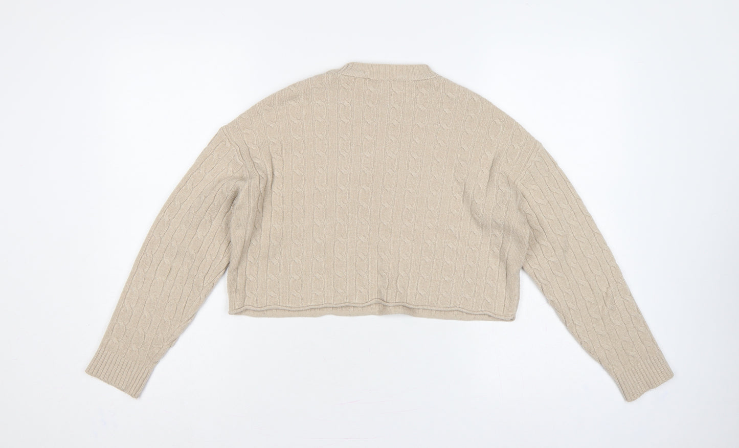 Pull&Bear Women Beige S Cable-Knit Crew Neck Pullover Jumper