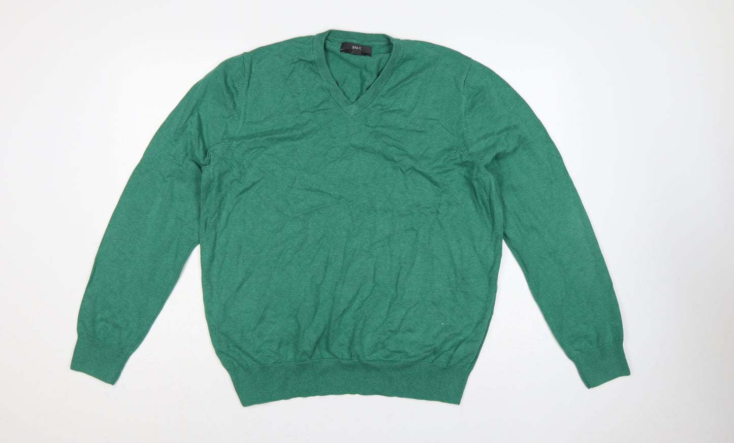 Marks and Spencer Men Green XL Pure Cotton V-Neck Pullover Jumper