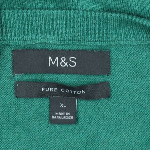 Marks and Spencer Men Green XL Pure Cotton V-Neck Pullover Jumper