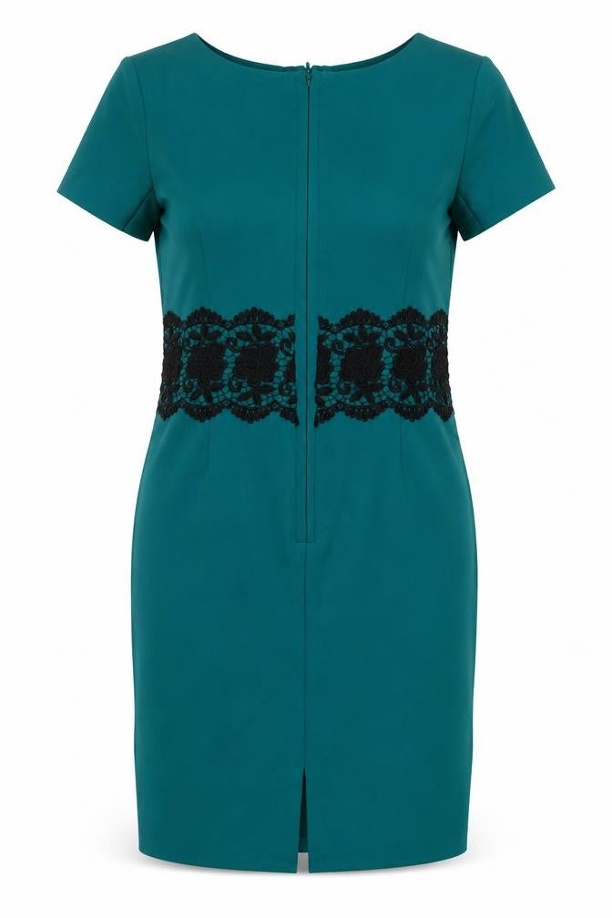 M&S Women Green UK 10 Shift Dress Floral Lace Trim Formal
