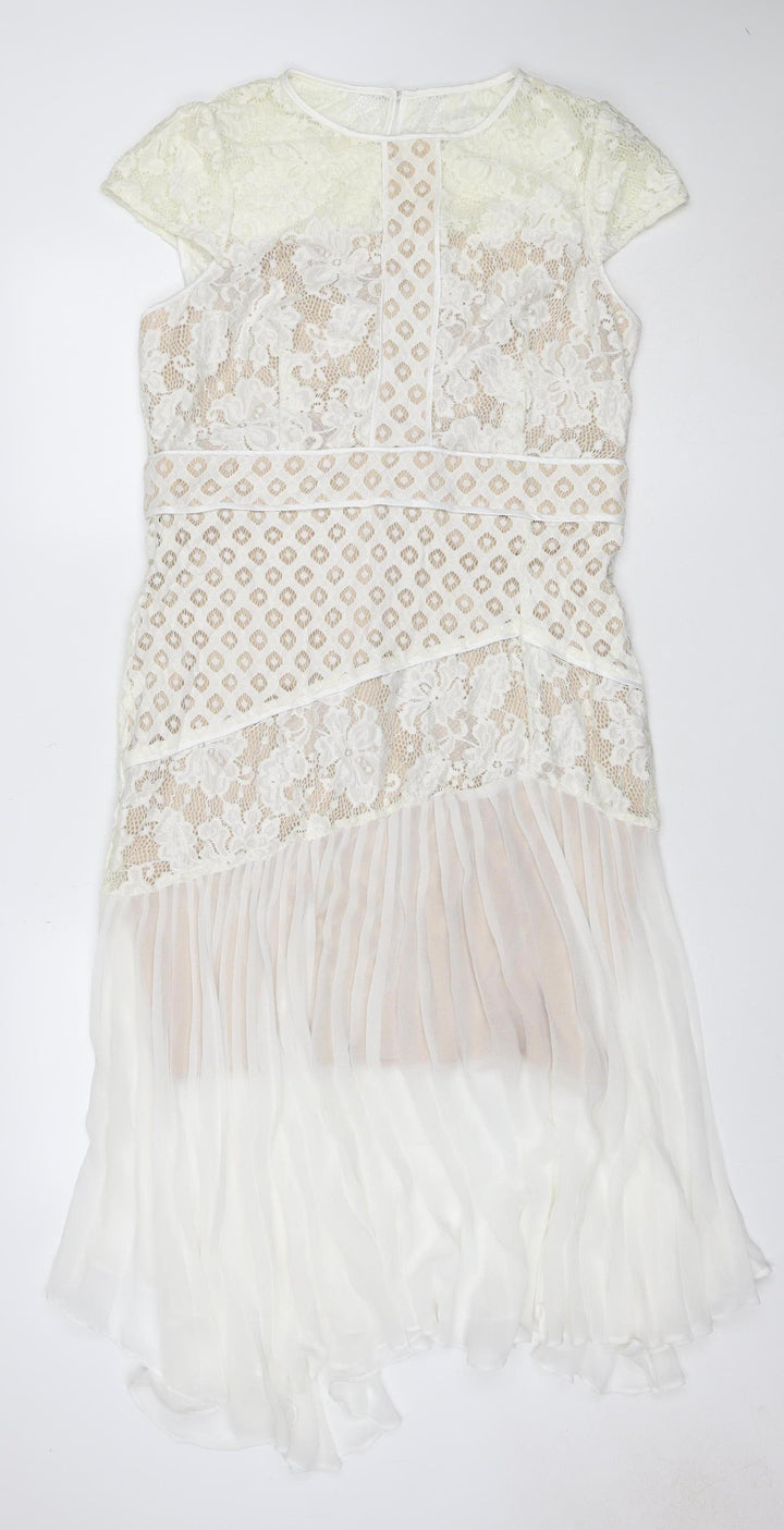 Coast Women Ivory UK 16 Fit & Flare Lace Pleated Midi Occasion Dress