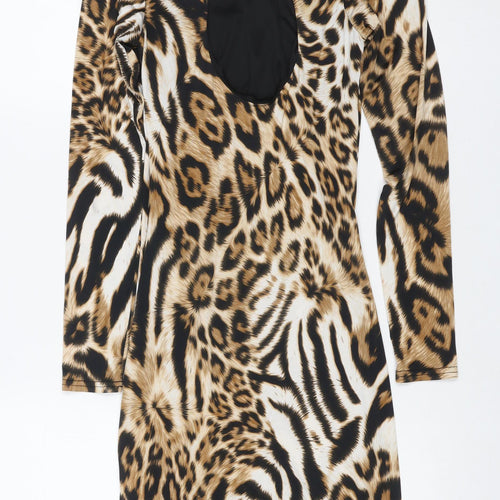 Lipsy London Women Brown Animal Print Bodycon Dress UK 8 Long Sleeve