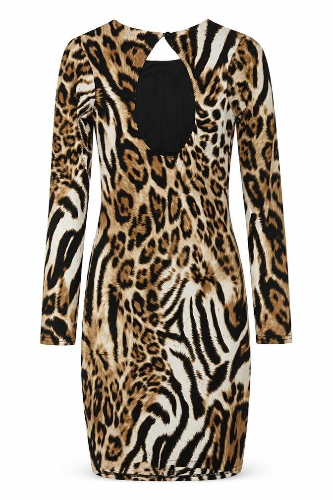Lipsy London Women Brown Animal Print Bodycon Dress UK 8 Long Sleeve