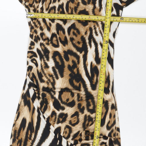 Lipsy London Women Brown Animal Print Bodycon Dress UK 8 Long Sleeve