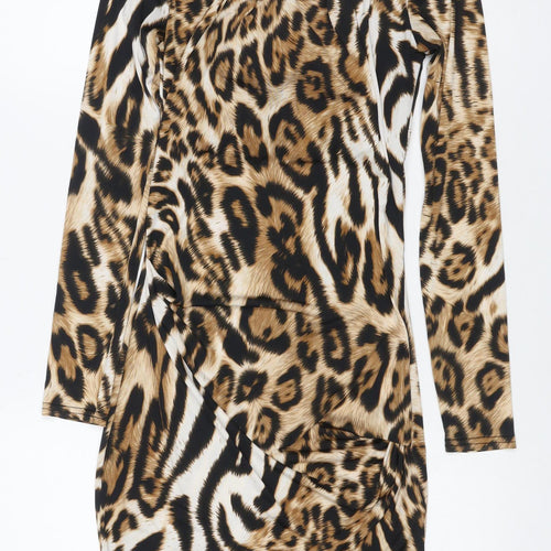 Lipsy London Women Brown Animal Print Bodycon Dress UK 8 Long Sleeve
