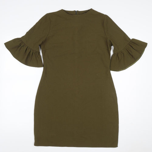 Boohoo Women Green UK 10 Bodycon Knee Dress Bell Sleeve Zip