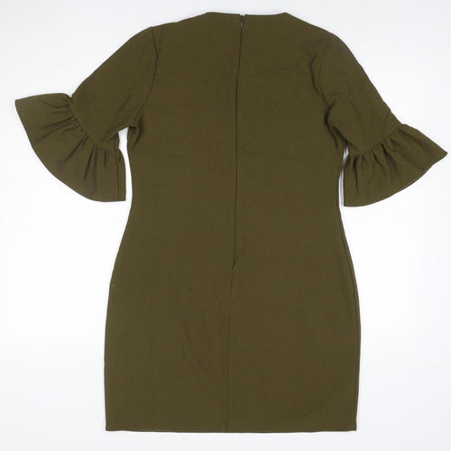 Boohoo Women Green UK 10 Bodycon Knee Dress Bell Sleeve Zip