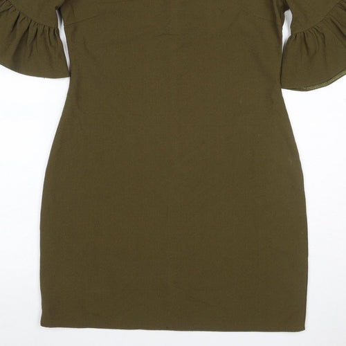 Boohoo Women Green UK 10 Bodycon Knee Dress Bell Sleeve Zip