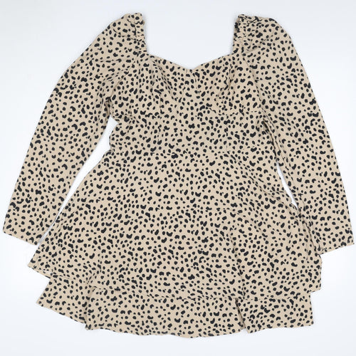 Quiz Women Beige Animal Print UK 14 Skater Smocked Long Sleeve Dress