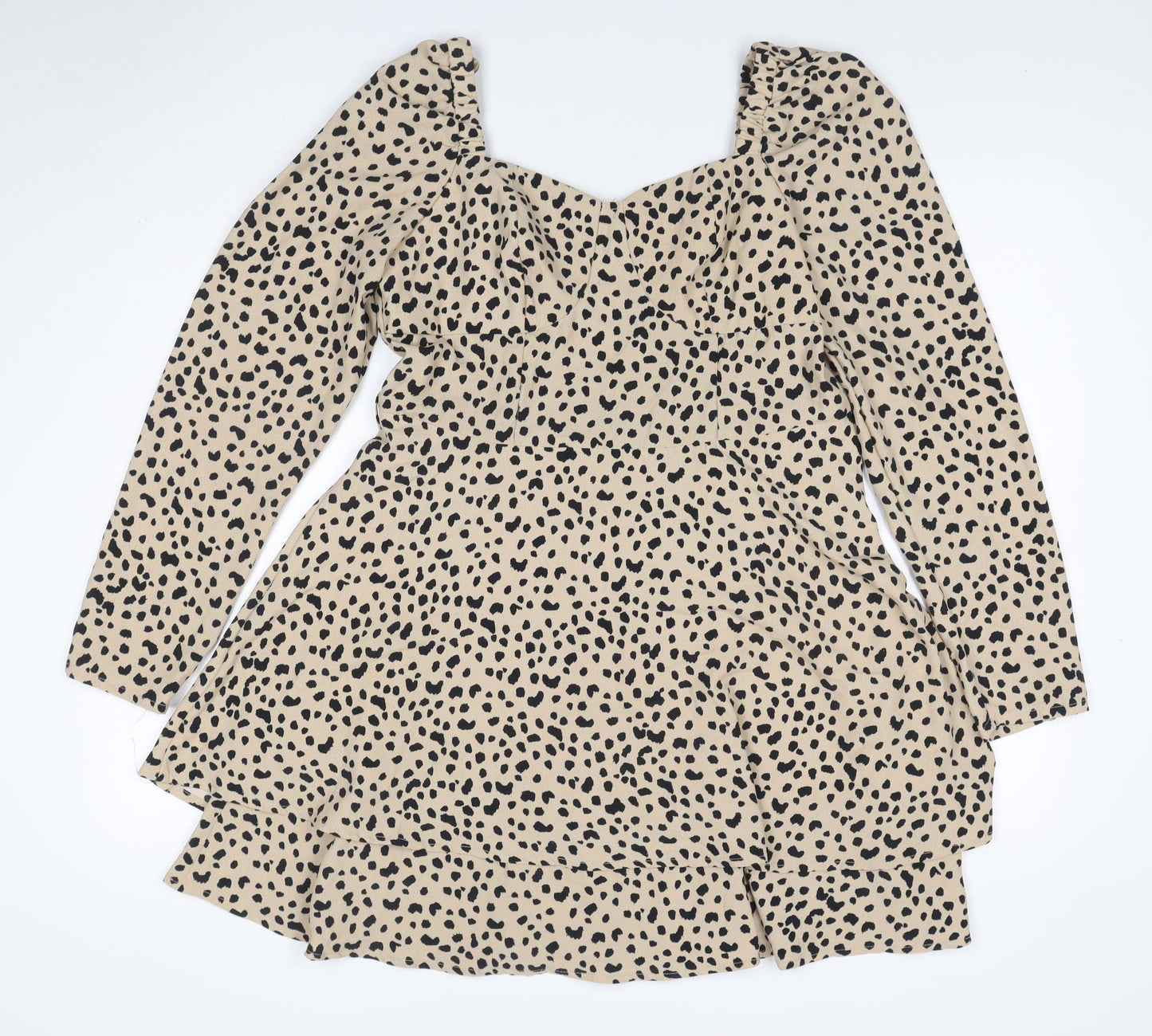 Quiz Women Beige Animal Print UK 14 Skater Smocked Long Sleeve Dress