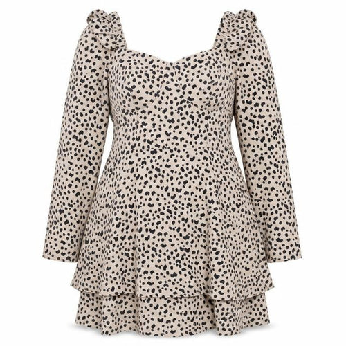 Quiz Women Beige Animal Print UK 14 Skater Smocked Long Sleeve Dress