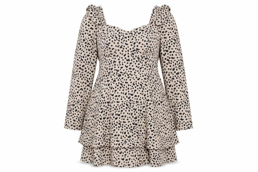 Quiz Women Beige Animal Print UK 14 Skater Smocked Long Sleeve Dress