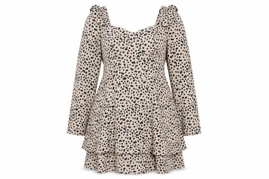 Front view of Quiz Women Beige Animal Print UK 14 Skater Smocked Long Sleeve Dress
