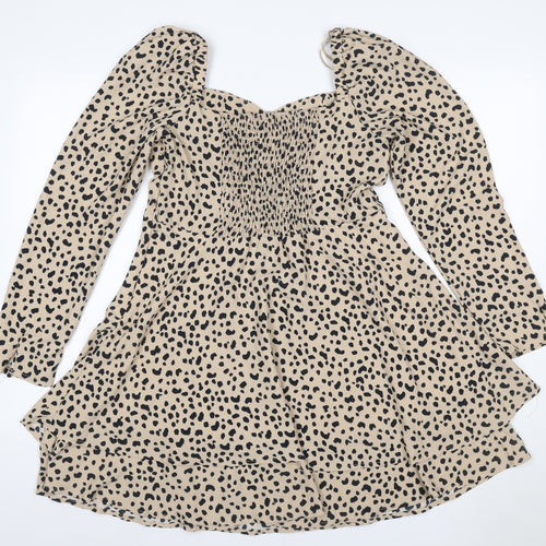 Quiz Women Beige Animal Print UK 14 Skater Smocked Long Sleeve Dress
