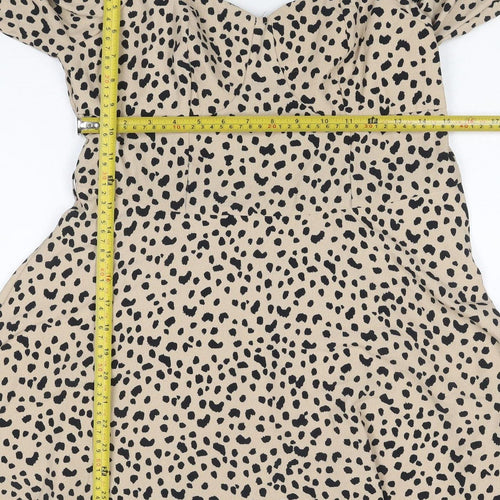 Quiz Women Beige Animal Print UK 14 Skater Smocked Long Sleeve Dress