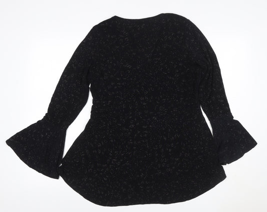 Quiz Women Black Glitter V-Neck Bell Sleeve Blouse UK 18 Party