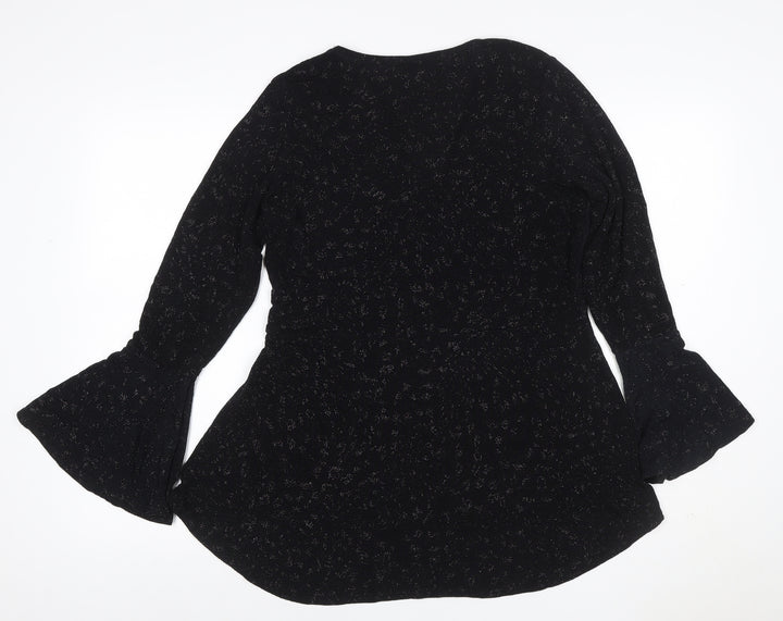 Quiz Women Black Glitter V-Neck Bell Sleeve Blouse UK 18 Party