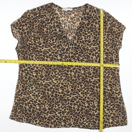 Bonmarche Women Brown Leopard Print V-Neck Short Sleeve Blouse Size 20