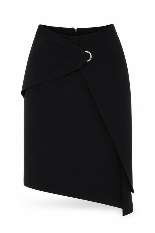 Witchery Women Black UK 8 Asymmetric Wrap Mini Skirt Silver D-Ring