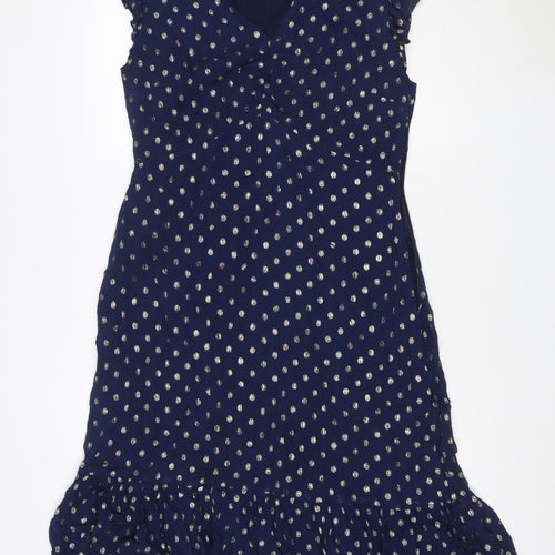 Sosandar Women Blue Size 14 Midi Ruffle Polka Dot V-Neck Dress