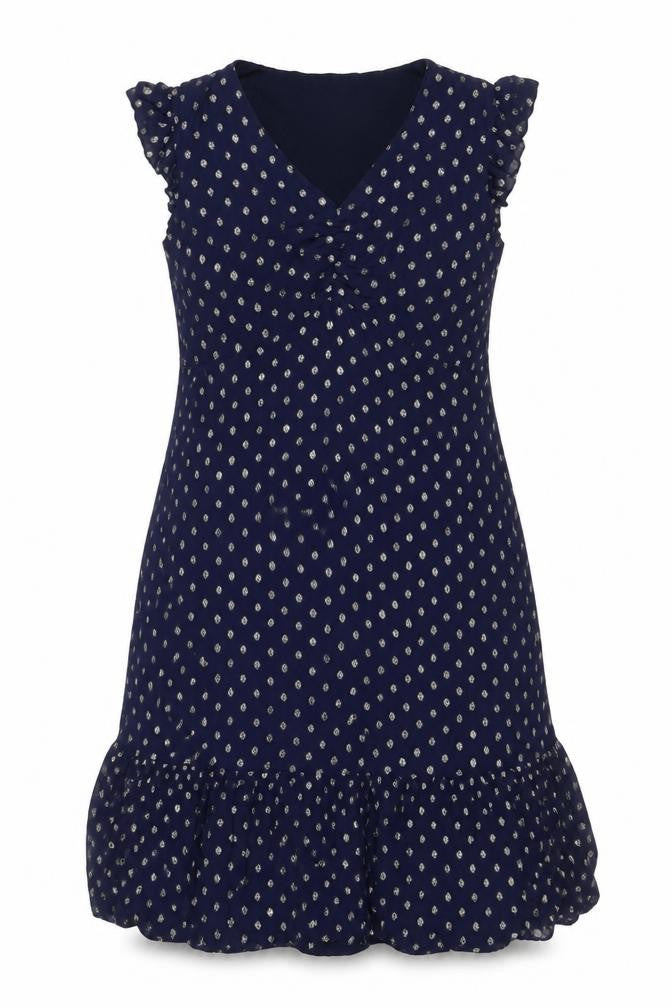 Sosandar Women Blue Size 14 Midi Ruffle Polka Dot V-Neck Dress