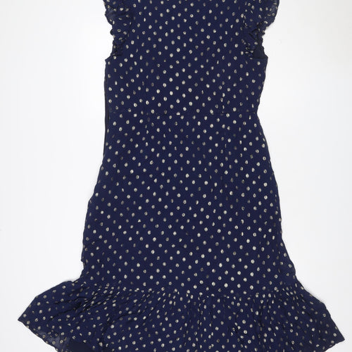 Sosandar Women Blue Size 14 Midi Ruffle Polka Dot V-Neck Dress