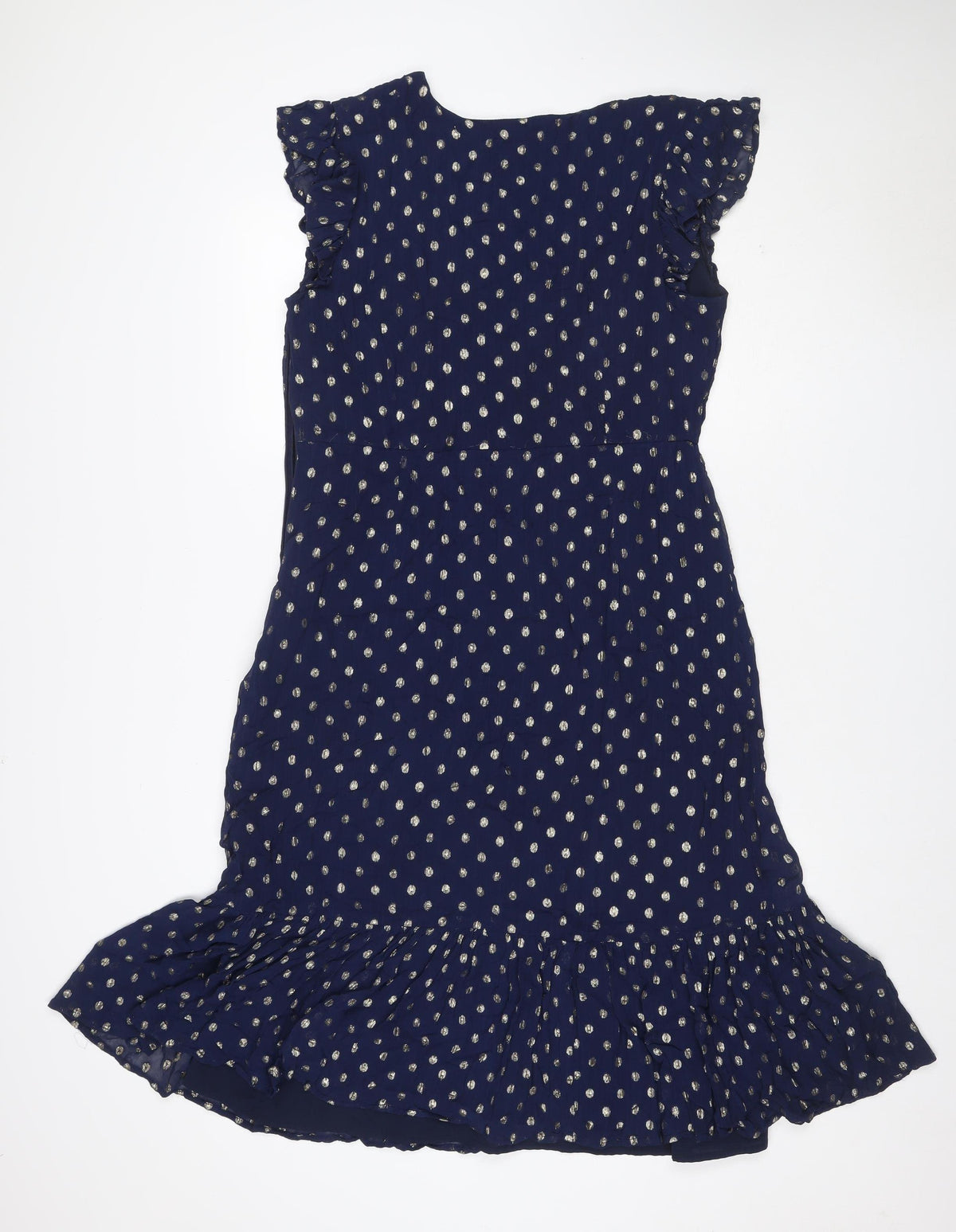 Sosandar Women Blue Size 14 Midi Ruffle Polka Dot V-Neck Dress
