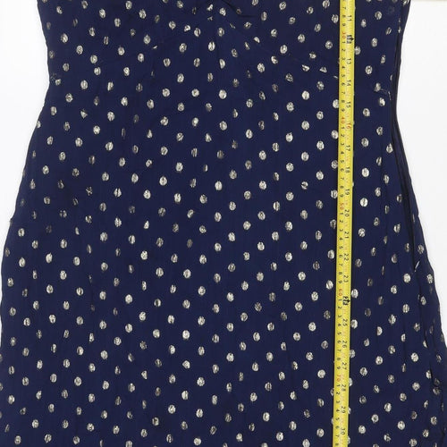 Sosandar Women Blue Size 14 Midi Ruffle Polka Dot V-Neck Dress