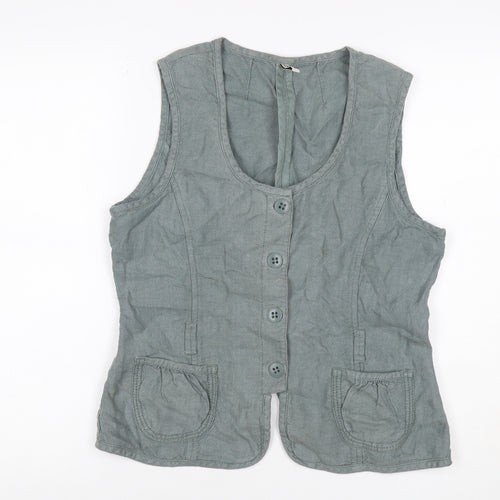 Part Two Women Grey Linen Button-Up Sleeveless Top Size 14 Pockets