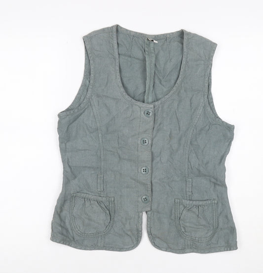 Part Two Women Grey Linen Button-Up Sleeveless Top Size 14 Pockets